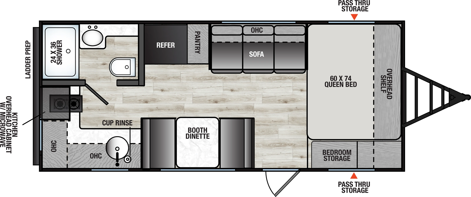 The Clipper Travel Trailers 19RK floorplan has one entry and zero slide outs. Exterior features include: metal exterior. Interiors features include: front bedroom.